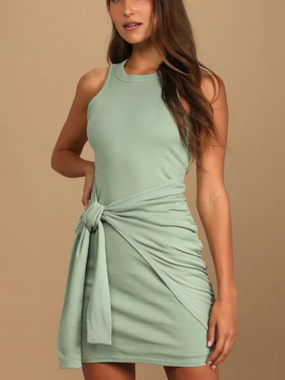 Lulu's Sage Green Sleeveless Tie-Waist Mini Dress